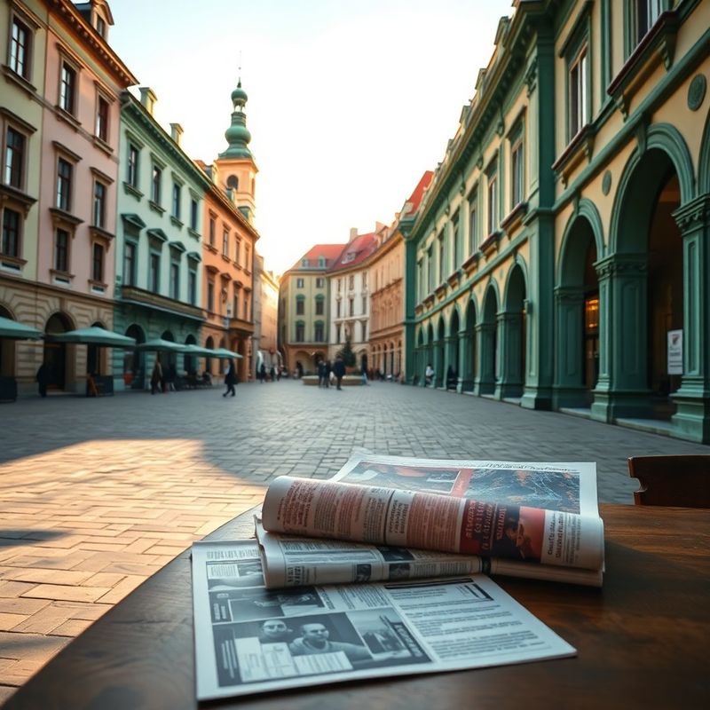 Editorský pohľad na trnavské námestie s novinami a notebookom na drevenom stole